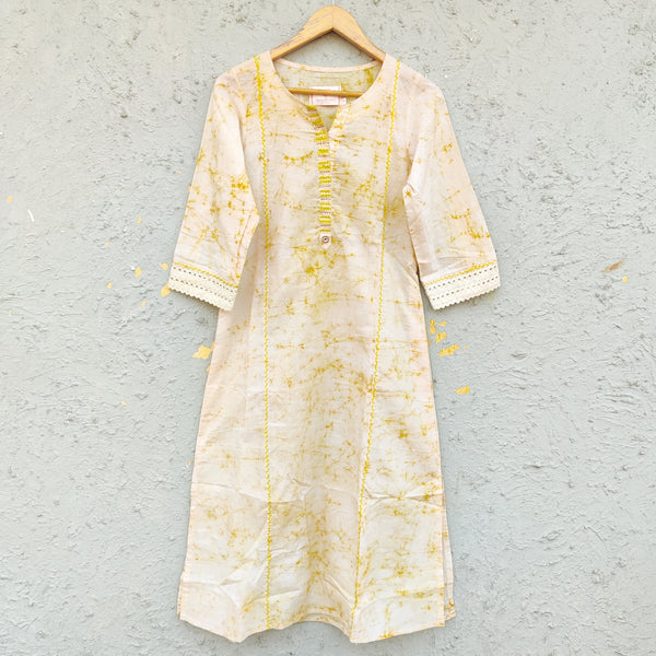 AROHI - Pure Cotton Batik Yellow Shoulder Cut Princess Cut Kurta With Beautiful Hand Embroidery
