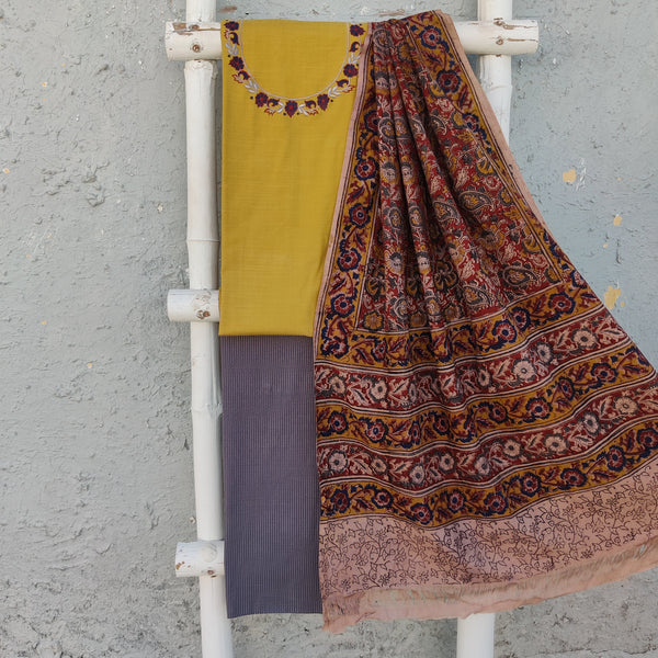 AROHI - Pure Cotton Mustard Top With Embroidered Neck With Grey Bottom And A Kalamkari Dupatta