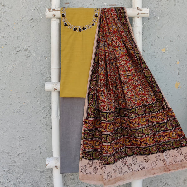 AROHI - Pure Cotton Top With Embroidered Neck With Grey Bottom And A Kalamkari Dupatta