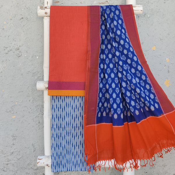 ARUSHI - Pure South Cotton Bordered Top Fabric With Ikkat Bottom And A Mercerised Ikkat Dupatta