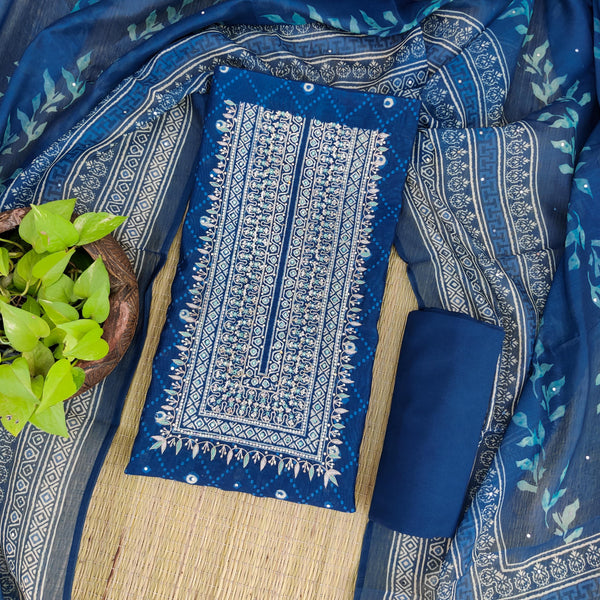 ARYA - Blue Digitally Printed Cotton Silk Top With Embroidered Neck Yoke Plain Bottom And A Beautiful Digitally Printed Dupatta