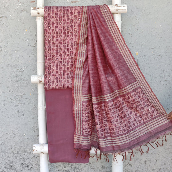 ARYA - Jute Cotton Silk With Barik Kaatha Work Top Plain Rayon Bottom And A Jute Cotton Silk Kaatha Printed Dupatta Mauve