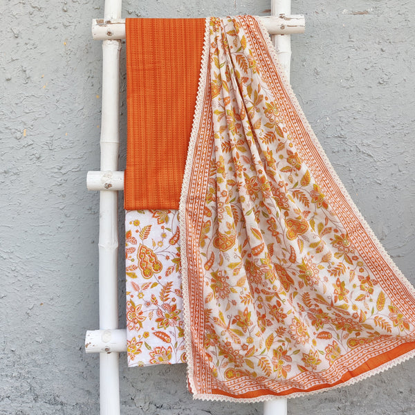 ASIMA - Pure Cotton Orange Printed Top Fabric With Hakoba Printed Bottom And A Mul DupattaCotton