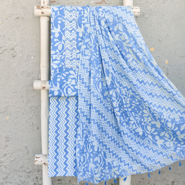 ASMAAN - Pure Cotton Soft Powder Blue Top Fabric With Printed Zig Zag Bottom And A Mul Cotton Printed Dupatta