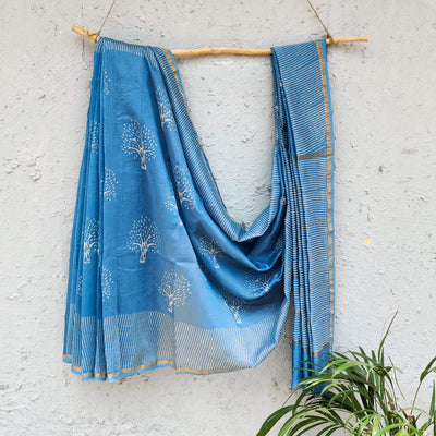 Aarohi- Pure Chanderi French Blue Dabu Hand Block Printed Saree