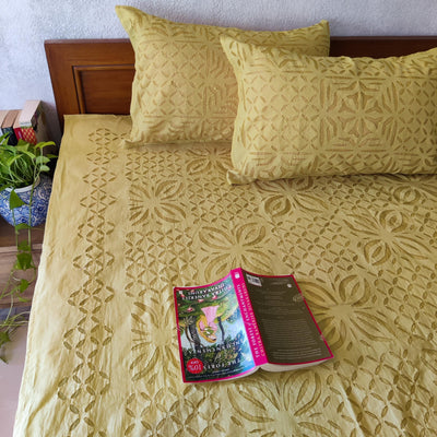 Applique Pure Cotton Intricate Hand Made Bed Spread Mustard