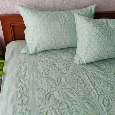 Applique Pure Cotton Intricate Hand Made Bed Spread Pastel Mint Green