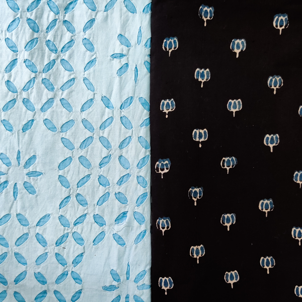 Applique Queen - Pure Cotton Pastel Blue Applique Top With Ajrak Black Bottom Set