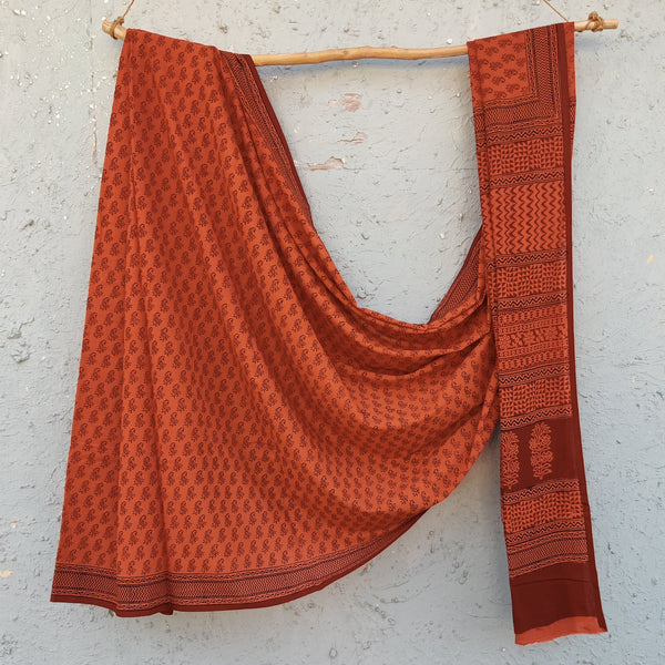 BAGH E WAFA - Pure Cotton Rustic Orange Maroon Bagh Hand Block Printed Saree