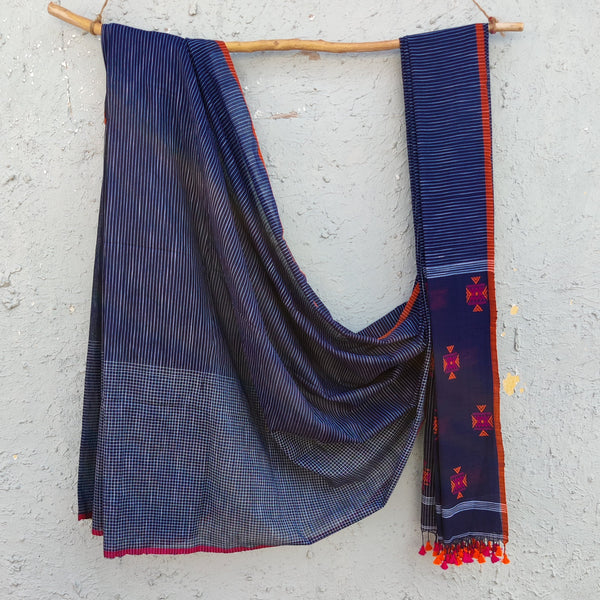 BHUJODI - Pure Cotton Blue With Pink Orange Tribal Motif On Pallu Handwoven Saree