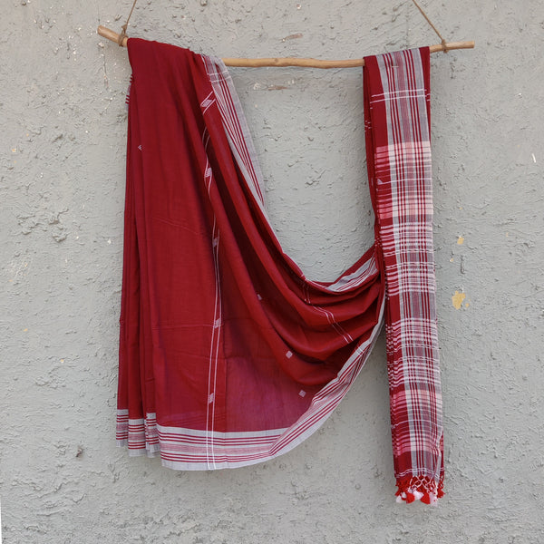 BHUJODI- Pure Cotton Burgandy Handwoven Bhujodi Saree With Red Border