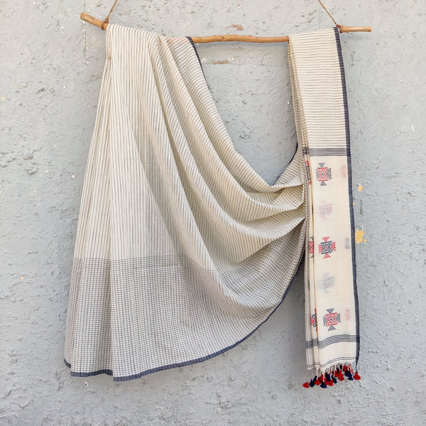 BHUJODI - Pure Cotton Cream Tribal Motif On Pallu Handwoven Saree