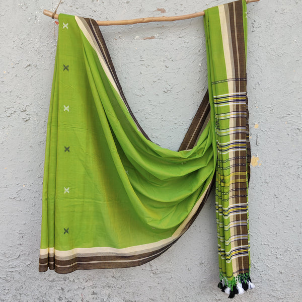 BHUJODI- Pure Cotton Green Handwoven Bhujodi Saree With Brown Border