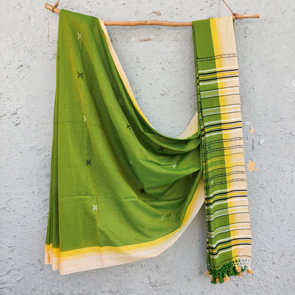 BHUJODI- Pure Cotton Green Handwoven Bhujodi Saree With Red Border