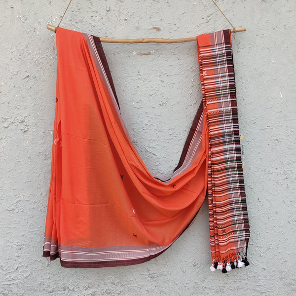 BHUJODI- Pure Cotton Orange Handwoven Bhujodi Saree With Brown Border
