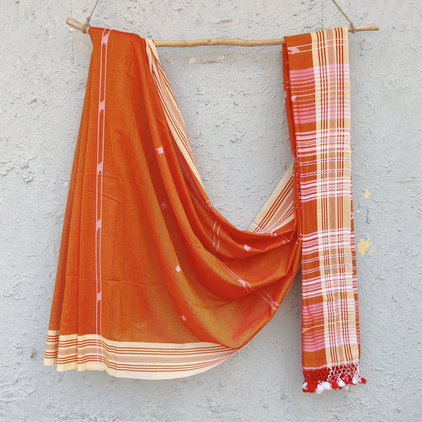 BHUJODI- Pure Cotton Rust Orange Handwoven Bhujodi Saree With Red Border