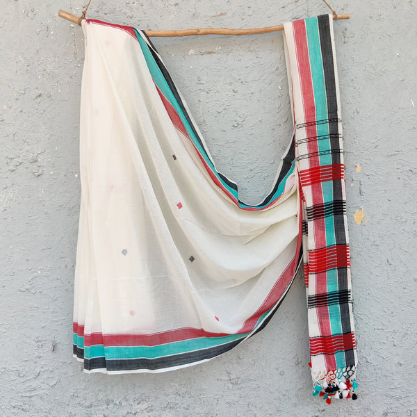 BHUJODI- Pure Cotton White Handwoven Bhujodi Saree With Green Black Red Border