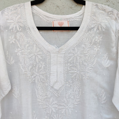 (2XL) BIMALA-Pure Cotton White Lucknowi Everyday Wear Kurta