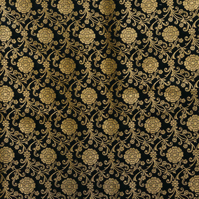 Banarasi Brocade Black With Gold Zari All Over Flower Bud Jaal Woven Fabric