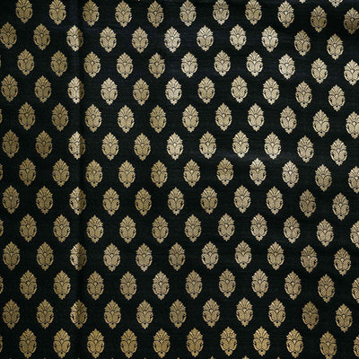 Banarasi Brocade Black With Gold Zari Flowerpot Motif Woven Fabric