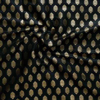 Banarasi Brocade Black With Gold Zari Flowerpot Motif Woven Fabric