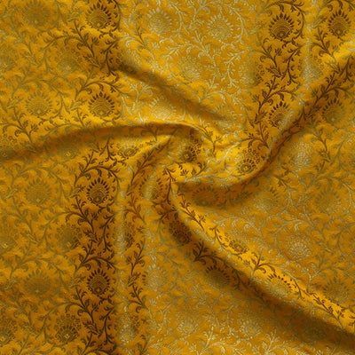 Banarasi Brocade Yellow With Gold Zari All Over Small Flower Bud Jaal Woven Fabric