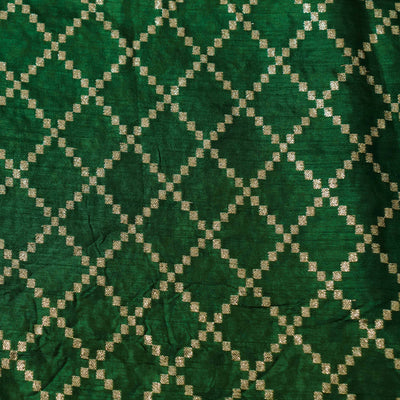 Banarasi Dola Silk Dark Green With Light Gold Checks Woven Fabric