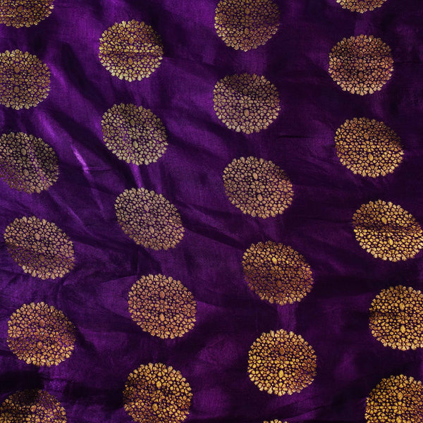 Pre-cut 1.95 meter Banarasi Satin Brocade Brinjal With Gold Marrigold Weave Woven Fabric