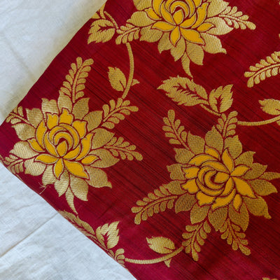 Pre-Cut (1.55 Meter )Banarasi Brocade Maroon With Gold And Mustard  Flower Jaal Weaves Fabric