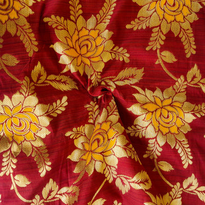 Pre-Cut (1.55 Meter )Banarasi Brocade Maroon With Gold And Mustard  Flower Jaal Weaves Fabric