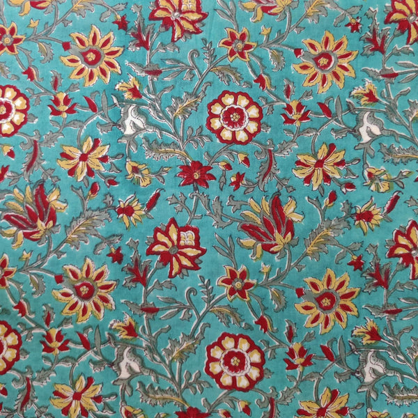 Blouse Piece 1.17 Meter Pure Cotton Jaipuri Blue With Maroon Mustard Jaal Hand Block Print Fabric