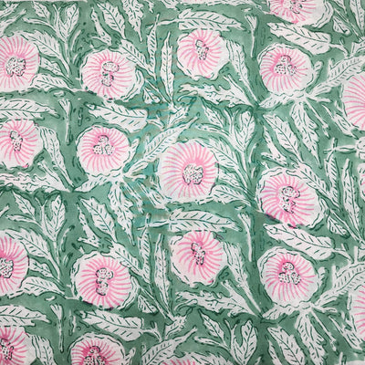 ( Blouse Piece 80 CM ) Pure Cotton Jaipuri Green With Pink Jaal Hand Block Print Fabric