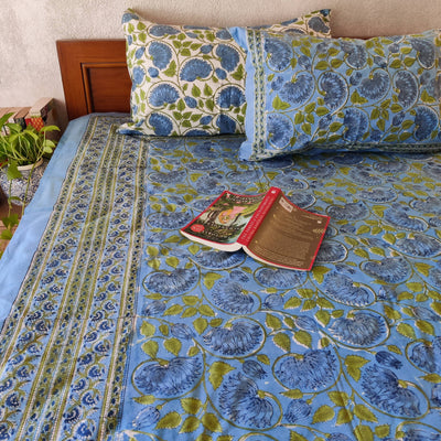 Blue Lotus  Pure Cotton Jaipuri Double Bedsheet Blue