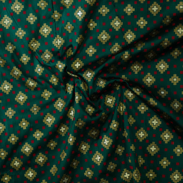 BrocadeDark Green With Gold And Red Geometric Pattern Woven Fabric