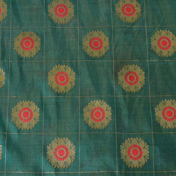 Pre-Cut 1.80 Meters Brocade Dhup Chaav Teal Gold With Gold Checks And Alternate Pink Gold Flower Motifs Woven Fabric