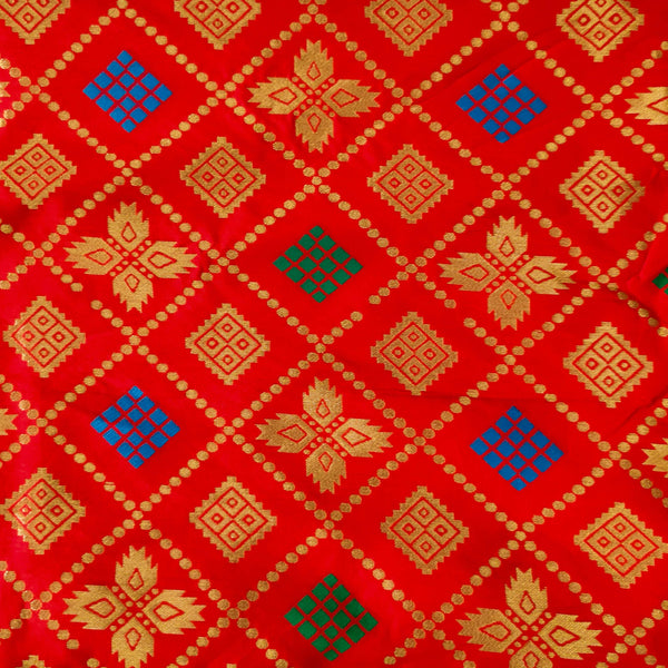 Pre-cut 2.40 meter Brocade Red With Gold Blue And Green Patola Woven Fabric