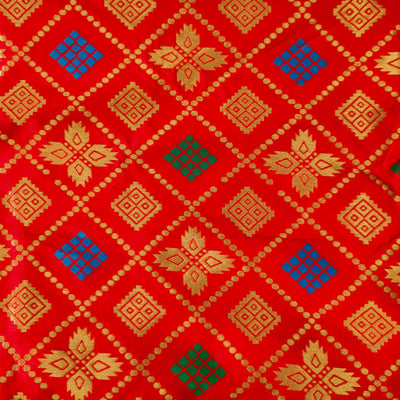 Pre-cut 2.40 meter Brocade Red With Gold Blue And Green Patola Woven Fabric