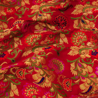 Pre cut  2.40 Meter Brocade Red With Pink Green Blue Orange Woven Design