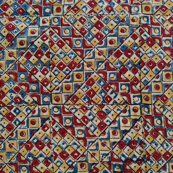Pure Cotton Kalamkari Shades Of Rust Mustard Blue Squares Geometric Hand Block Print Fabric