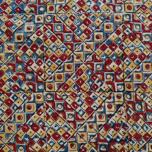 Pure Cotton Kalamkari Shades Of Rust Mustard Blue Squares Geometric Hand Block Print Fabric