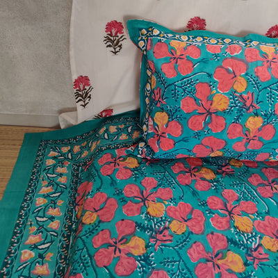 Champa Blue Pure Cotton Jaipuri Double Bedsheet