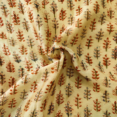 Chanderi Kalamkari Beige With Plant Motif Hand Block Print Fabric