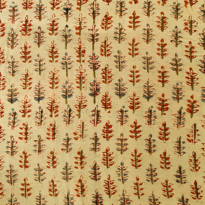 Chanderi Kalamkari Beige With Plant Motif Hand Block Print Fabric