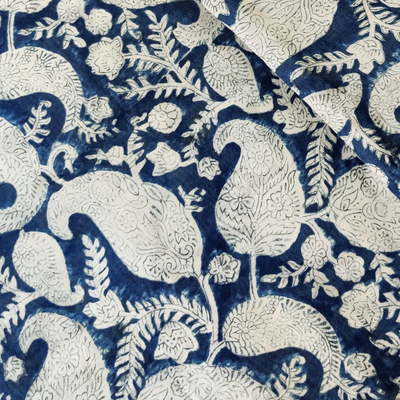 Chanderi Kalamkari Blue With Kairi Jaal Hand Block Print Fabric