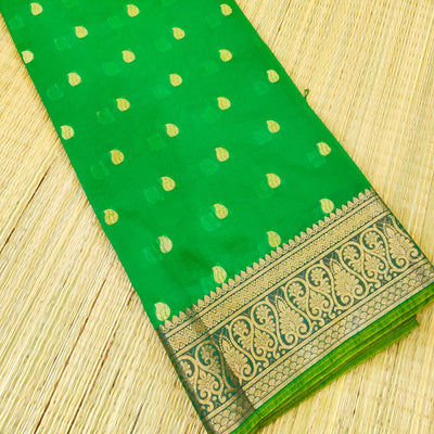 Chanderi Orangish Green Butti With Zari Border Fabric