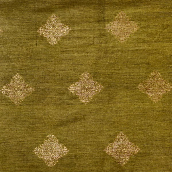 Pre-cut 2.43 meter Cotton Silk Pastel Pista Green With Beige Brocade Motif Woven Fabric