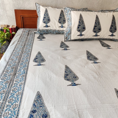 Cypress Bageecha Grey Blue Pure Cotton Jaipuri Double Bedsheet