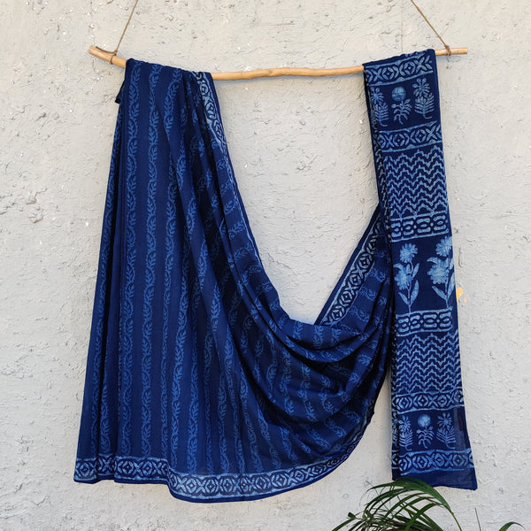 DHAARA- Pure Cotton Indigo With Light Blue Stripes Akola Hand Block Printed Saree