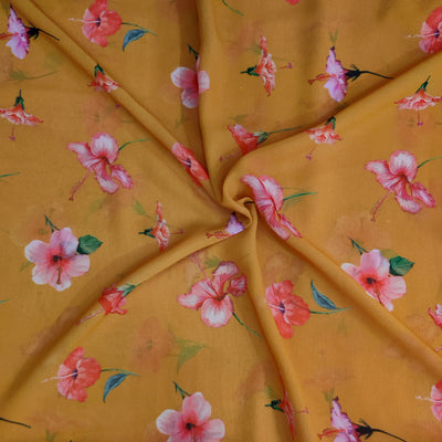 Georgette Brick Orange With Vintage Shoeflowers Flowy Fabric