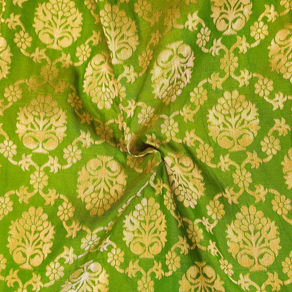 Pre-cut 1.90 meter Green Brocade With Diagonal Gold Woven Checks With Intermediate Gold Motif Hand Woven Fabric